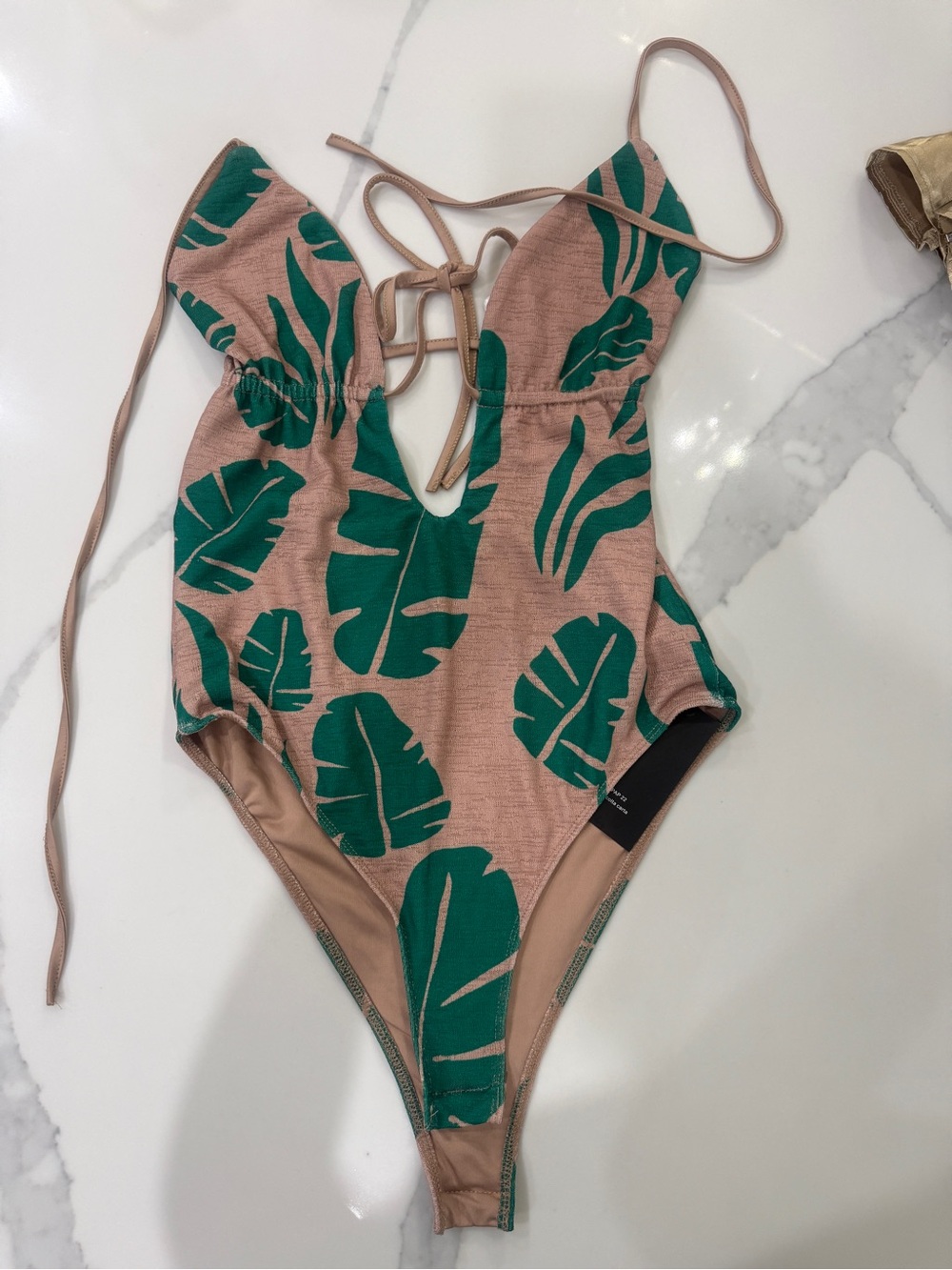 SHEIN Pink and Green Tropical Leaf One-Piece Swimsuit